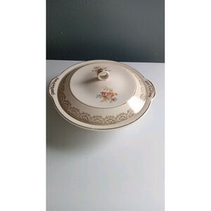 Vintage Floral Covered Serving Dish with Gold Filigree Pattern Round Casserole